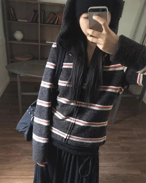 하핍 뽀글이 퍼 배색 스트라이프 집업